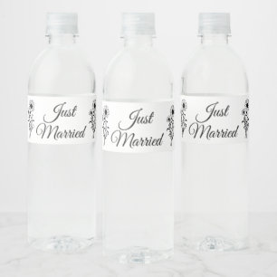 Sunflower Black White Floral Just Married Wedding Water Bottle Label