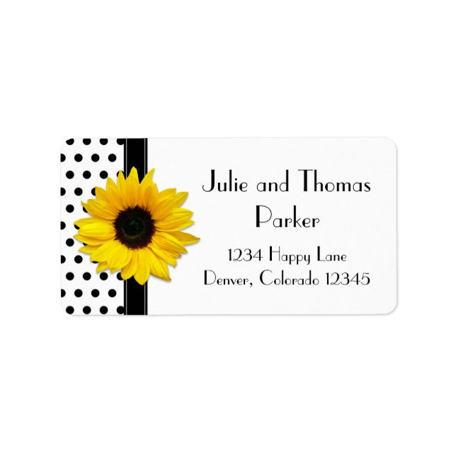 Sunflower Black White Polka Dot Wedding Address Label (Front)