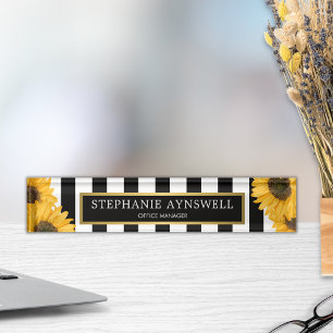 Sunflower Black White Stripes Gold Personalized Nameplate