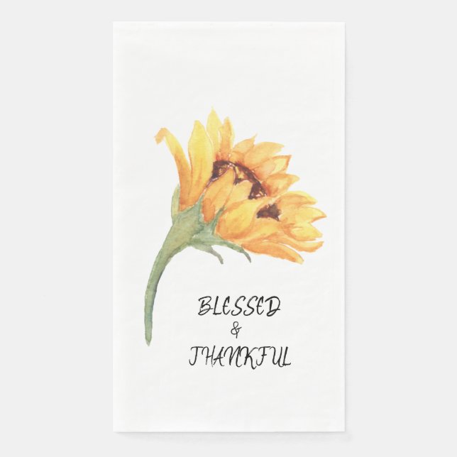 Sunflower BLESSED & THANKFUL Typography Watercolor Napkin (Front)