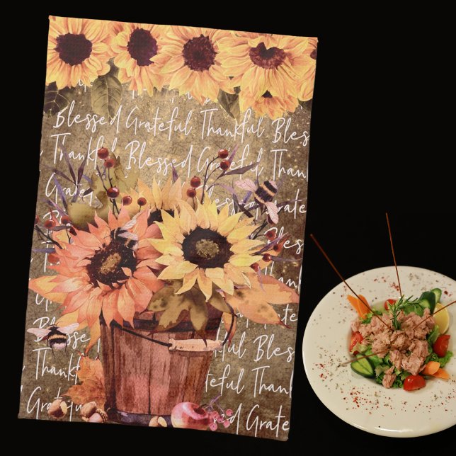 Sunflower Blessings Gratitude Thanksgiving Kitchen Towel (Creator Uploaded)