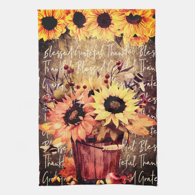 Sunflower Blessings Gratitude Thanksgiving Kitchen Towel (Vertical)