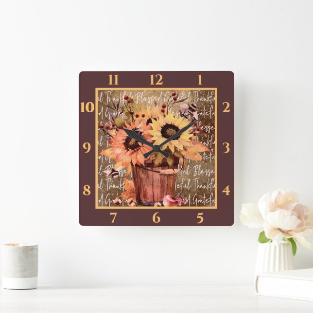Sunflower Blessings Gratitude Thanksgiving Square Wall Clock (Home)