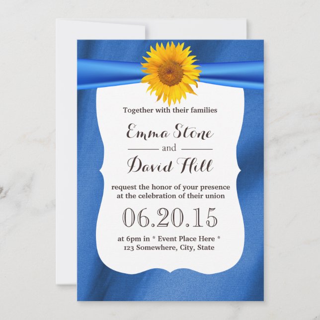 Sunflower Bleu Jaune Tissu Mariage Invitations (Devant)