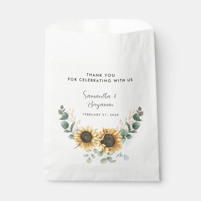 Sunflower Bloom Eucalyptus Wedding Favour Bag (Front)