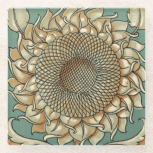 Sunflower Bloom on Blue-green Background Glass Coaster