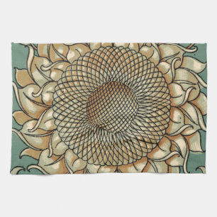 Sunflower Bloom on Blue-green Background Kitchen Towel