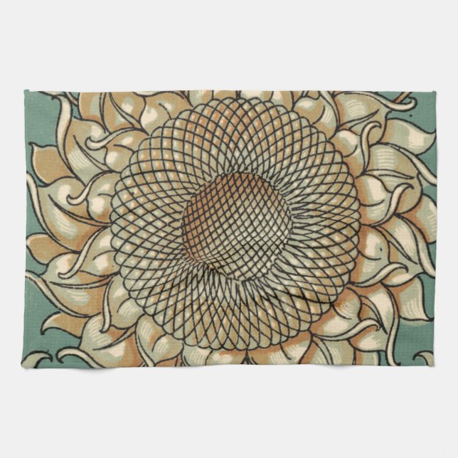 Sunflower Bloom on Blue-green Background Kitchen Towel (Horizontal)
