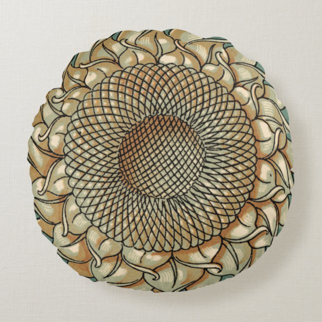 Sunflower Bloom on Blue-green Background Round Pillow (Front)