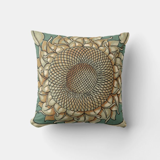 Sunflower Bloom on Blue-green Background Throw Pillow (Front)