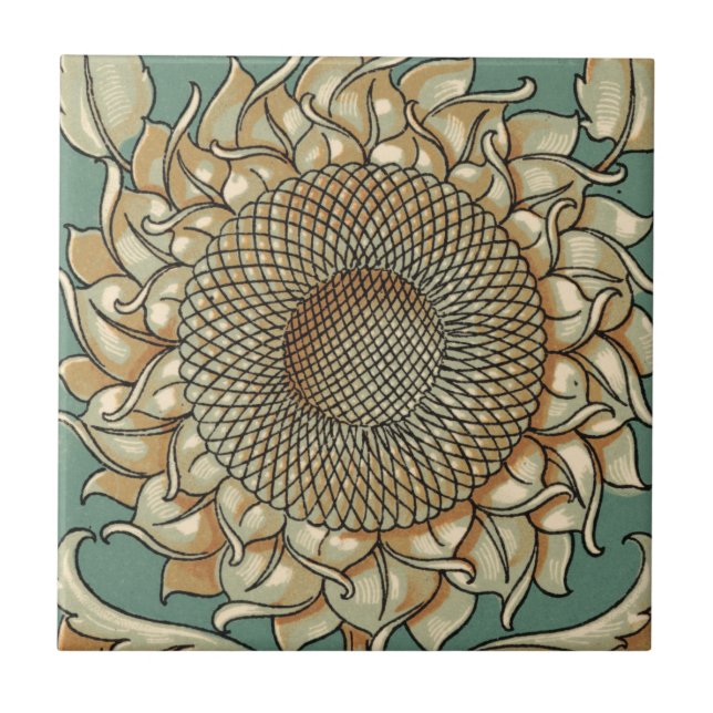 Sunflower Bloom on Blue-green Background Tile (Front)