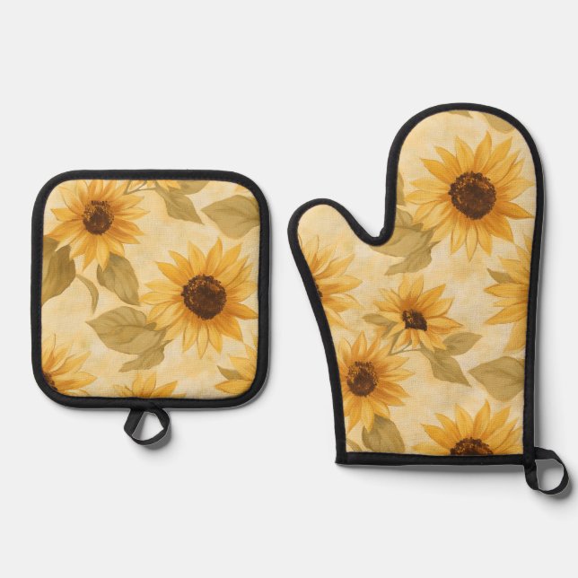 Sunflower Blooms Oven Mitt and Pot Holder Set (Front)