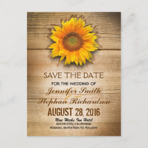 Sunflower blossom & barn wood save the date announcement postcard