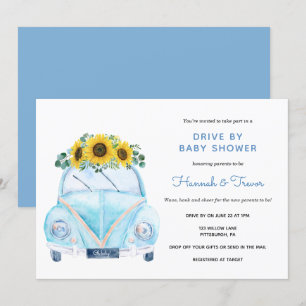 Sunflower Blue Car Drive By Baby Shower Invitation