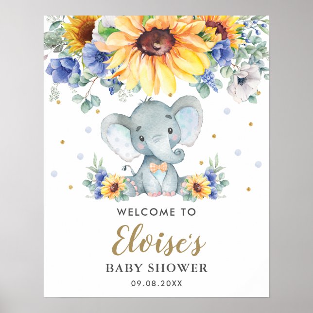 Sunflower Blue Floral Elephant Baby Shower Welcome Poster (Front)