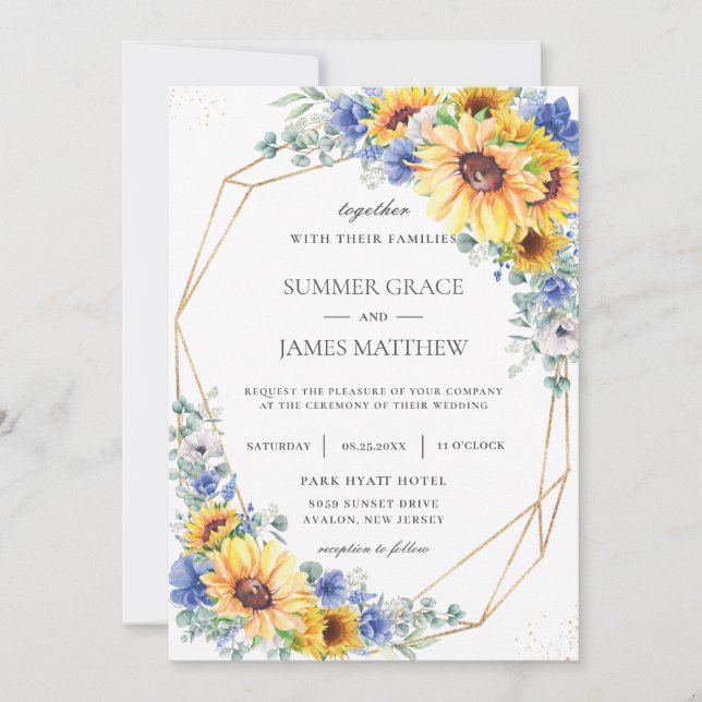 Sunflower Blue Floral Greenery Geometric Wedding Invitation (Front)