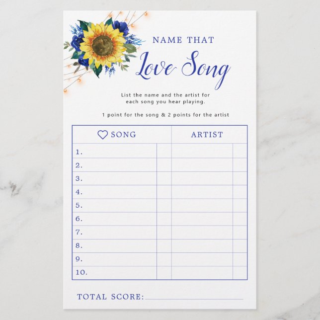 Sunflower Blue Lights Bridal Shower Song Game (Front)