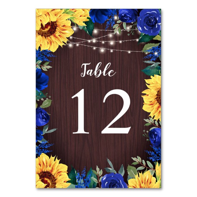 Sunflower Blue Rose Border Lights Wood Wedding Table Number (Front)