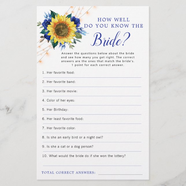 Sunflower Blue Roses Lights Bridal Shower Game (Front)