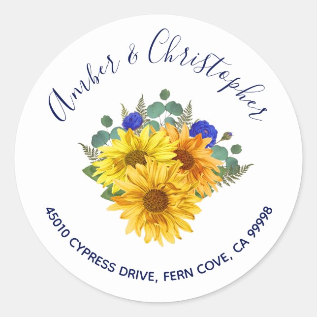 Sunflower Blue Roses Wedding Address Envelope Seal (Front)