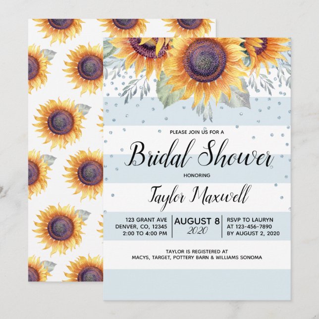 Sunflower blue stripes confetti fall bridal shower invitation (Front/Back)