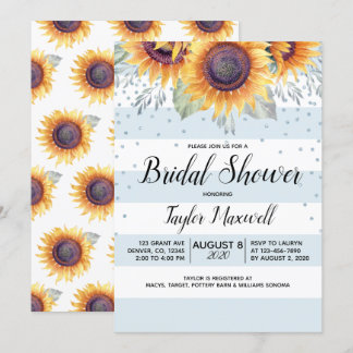 Sunflower blue stripes confetti fall bridal shower invitation