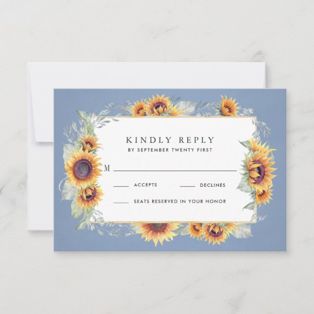 Sunflower Blue Watercolor Rustic Themed Wedding RSVP Card (Front)