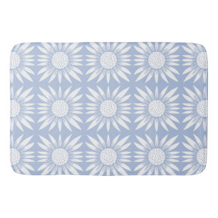 Sunflower Blue White Floral Tile Pattern Bath Mat