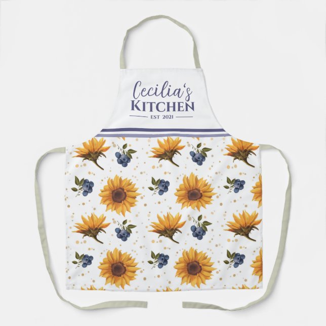 Sunflower & Blueberry Personalized Kitchen Apron (Front)