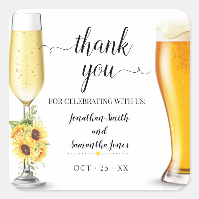 Sunflower boho bubbles and brews Thank you wedding Square Sticker (Front)