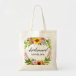 Sunflower Boho Floral Calligraphy Bridesmaid Tote Bag<br><div class="desc">Modern Calligraphy Script,  Watercolor Sunflower Boho Floral with Roses,  Peonies and Greenery Wedding Bridesmaid Tote Bag</div>