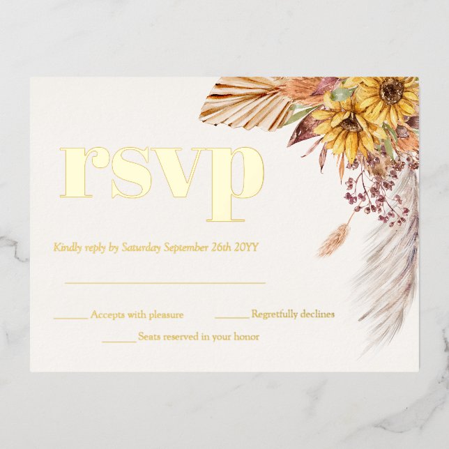 Sunflower Boho Pampas Dried Flowers RSVP Gold Foil Invitation Postcard (Front)