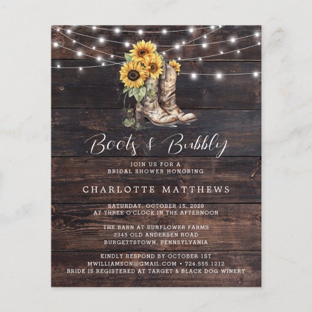 Sunflower Boots Bubbly Bridal Shower Invitation (Front)