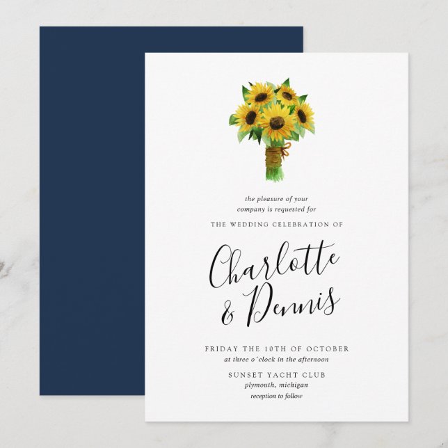 Sunflower bouquet and navy wedding invitation (Front/Back)