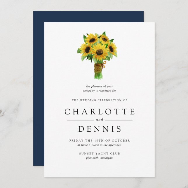 Sunflower bouquet and navy wedding invitation (Front/Back)