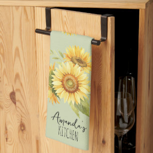 Sunflower Bouquet Customizable Name Sage Green Kitchen Towel