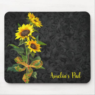 Sunflower Bouquet on Black Damask Mouse Pad