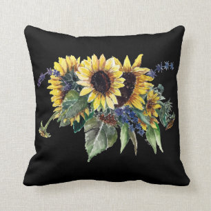 Sunflower Bouquet on Black Throw Pillow