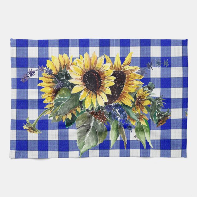Sunflower Bouquet on Blue Gingham Kitchen Towel (Horizontal)