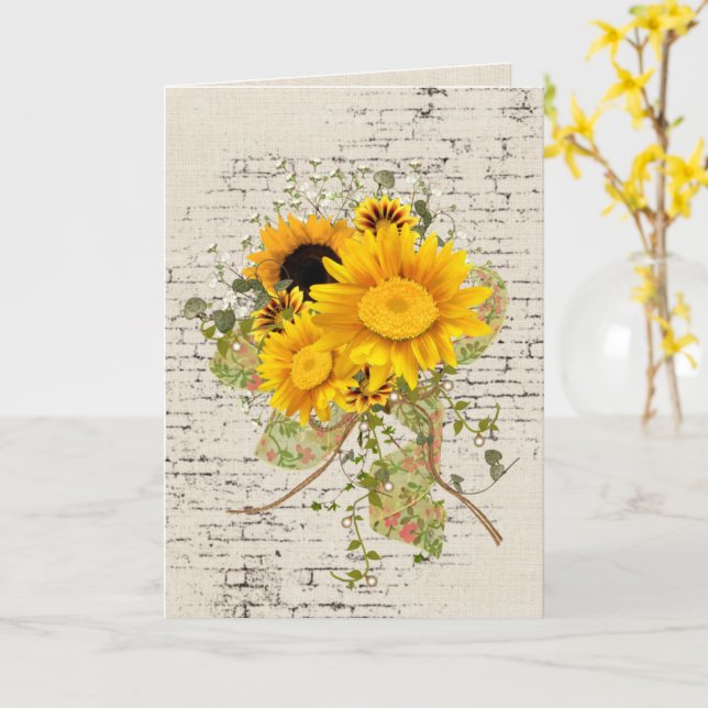 Sunflower Bouquet on Brick Birthday Card (Yellow Flower)