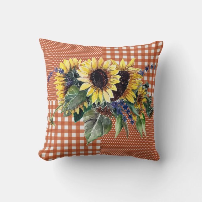 Sunflower Bouquet on Burnt Orange Gingham Pattern Throw Pillow (Front)