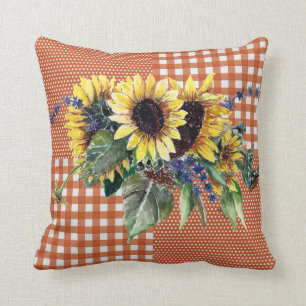 Sunflower Bouquet on Burnt Orange Gingham Pattern Throw Pillow