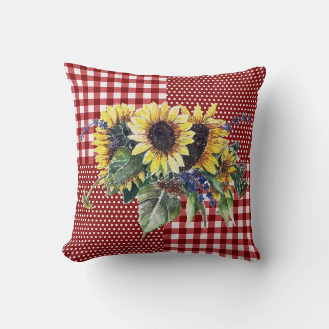 Sunflower Bouquet on Red Gingham Pattern Throw Pillow (Front)