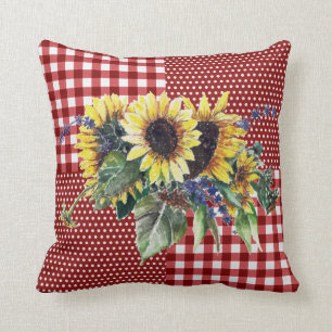 Sunflower Bouquet on Red Gingham Pattern Throw Pillow