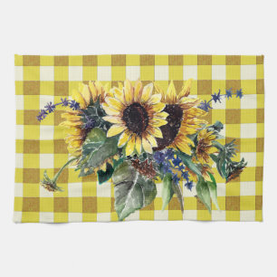 Sunflower Bouquet on Yellow Gingham Kitchen Towel