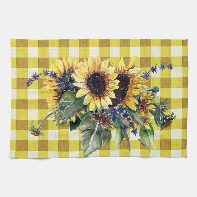 Sunflower Bouquet on Yellow Gingham Kitchen Towel (Horizontal)