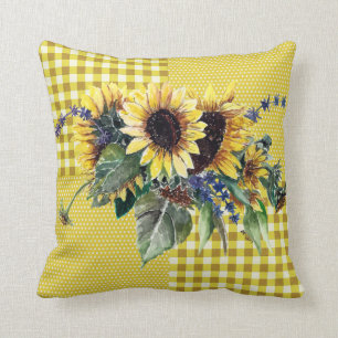 Sunflower Bouquet on Yellow Gingham Pattern Throw Pillow