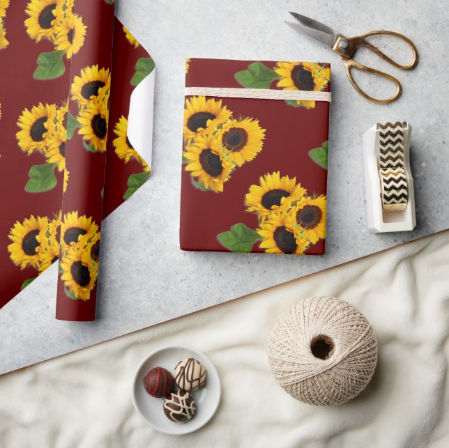 Sunflower Bouquet Pattern Burgundy Gift Wrap Roll (Crafts)