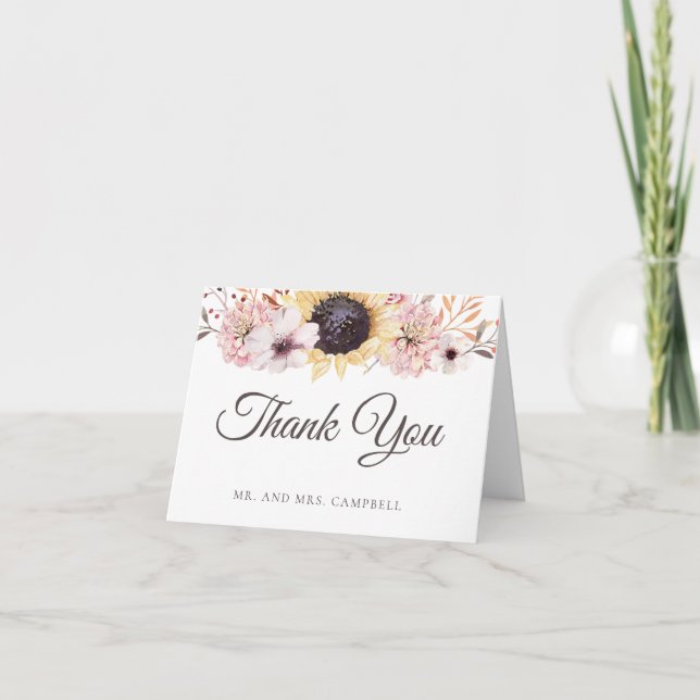Sunflower Bouquet Wedding Thank You Card (Front)