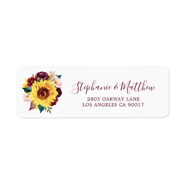 Sunflower Bourgogne Floral Script Mariage Adresse (Devant)